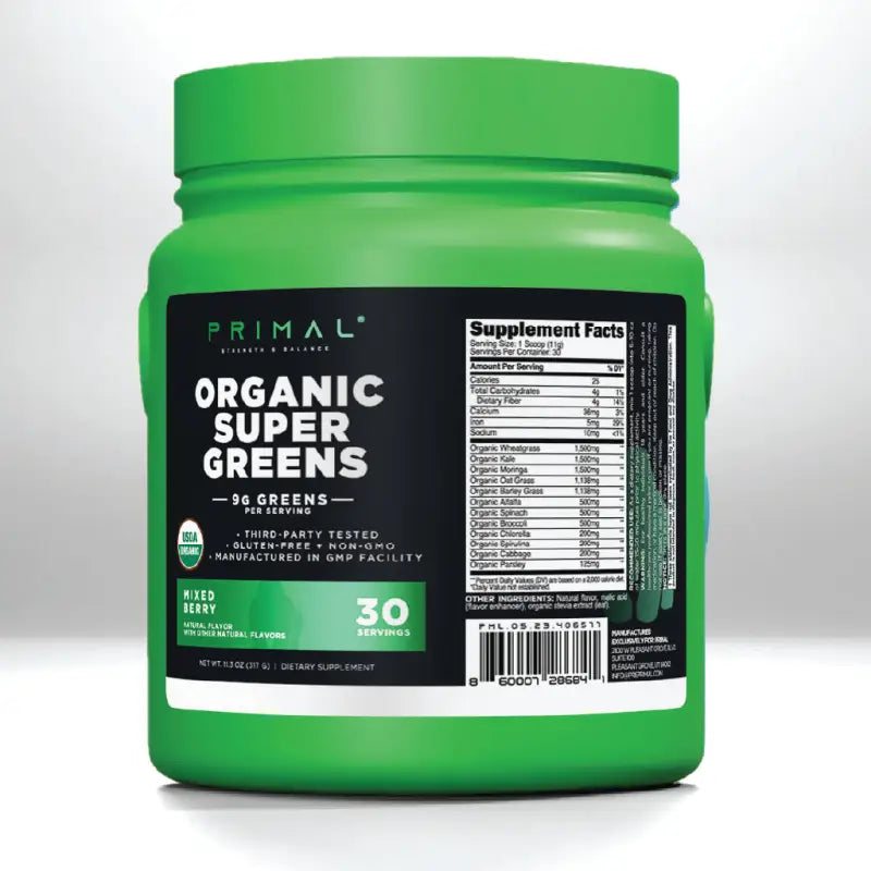 Green container of Organic Daily Greens with organic certified super greens powder