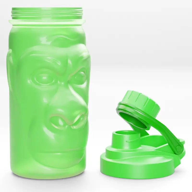 Green gorilla-shaped water bottle with flip-top lid for Harambe Shaker Bottles product line