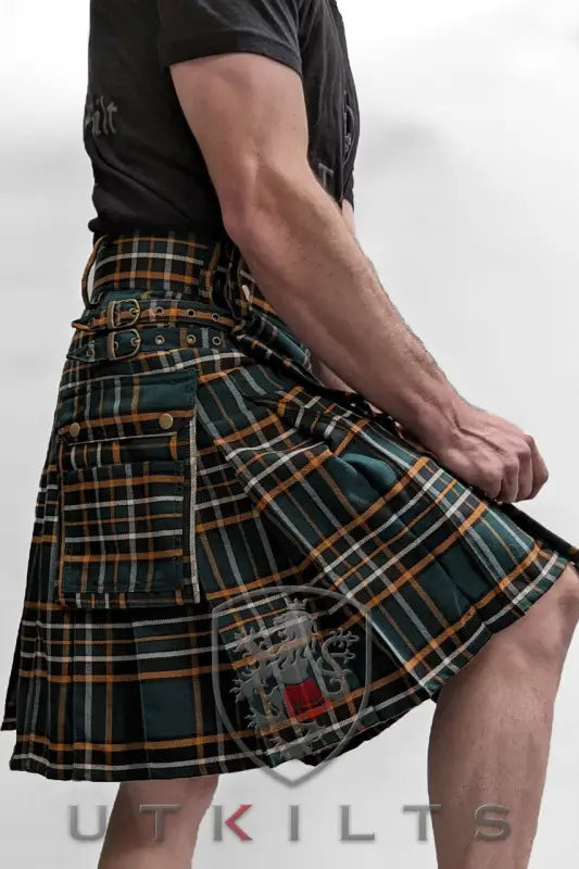 Green and plaid Utility Kilt Irish Heritage ideal for first responders and police work