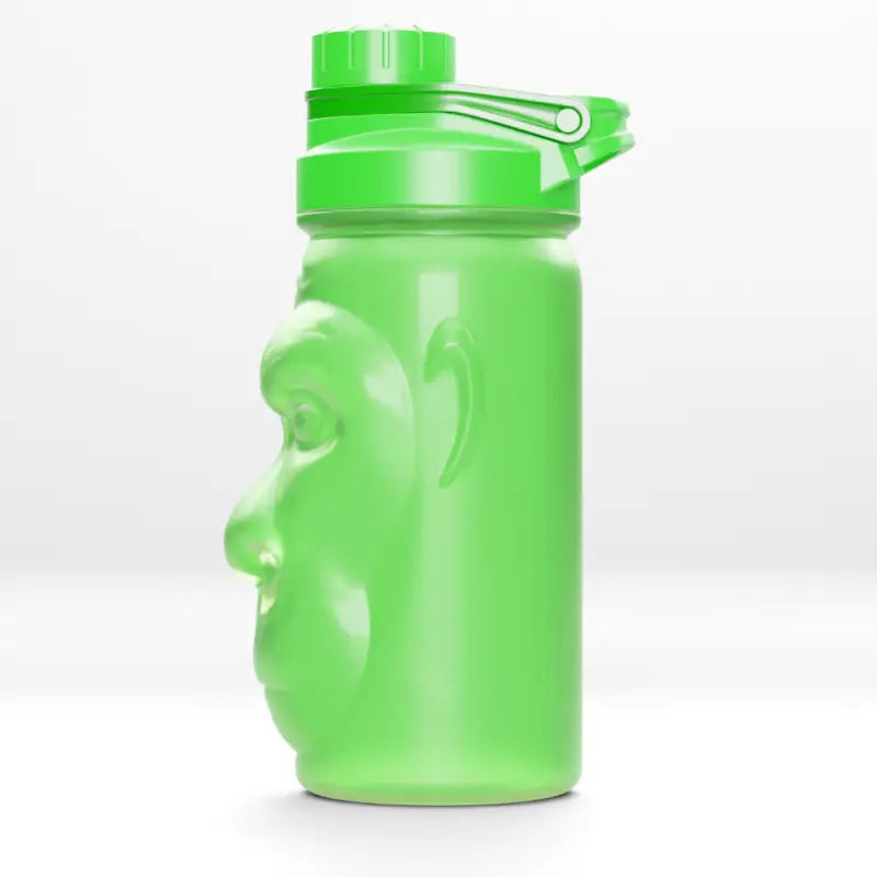 Green water bottle with a face from Harambe Shaker Bottles, a fun shaker bottle product