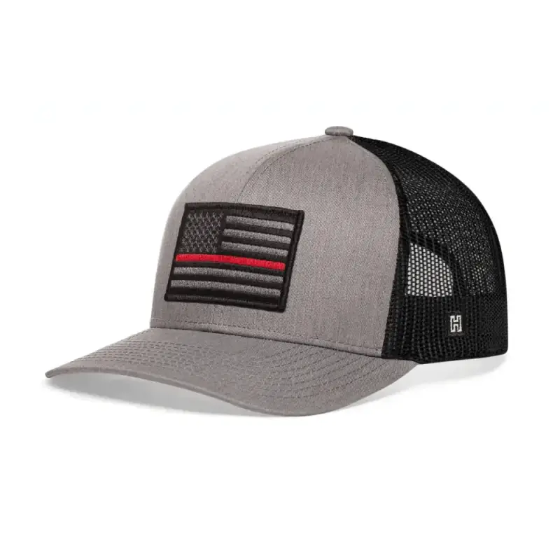 Gray Black Trucker Hat with American Flag Patch and Thin Red Line Design