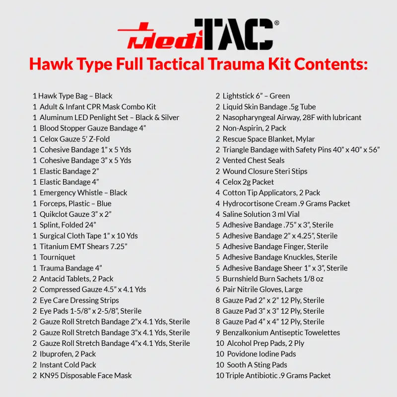 Hawk Type Full Tactical Trauma Kit contents for first responders, firefighters, and police