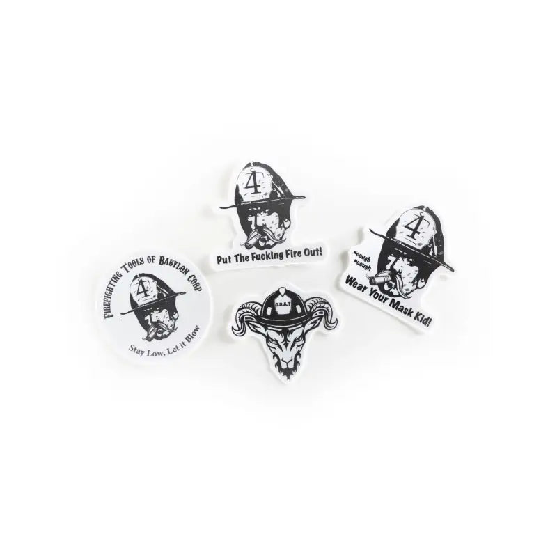 Firefighter-themed helmet stickers featuring the number 4 and ram logo design