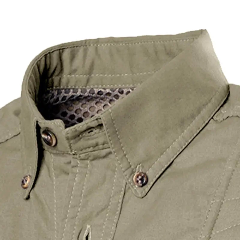 Khaki button-down collar with mesh lining on Left-Hand Hunter Shirt for Men L/Sleeve
