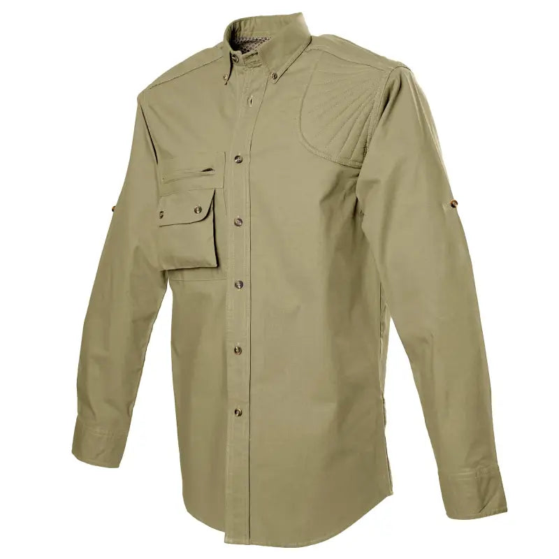 Khaki Left-Hand Hunter Shirt for Men with quilted shooter patch and roll-up sleeves