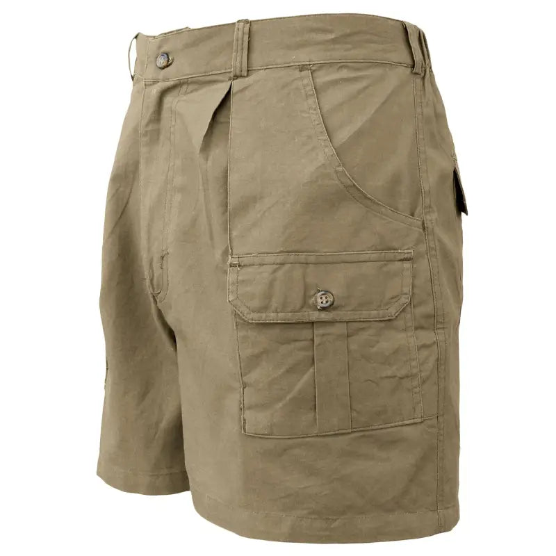 Khaki Pro Hunter Shorts for Men featuring multiple pockets and pleated front design