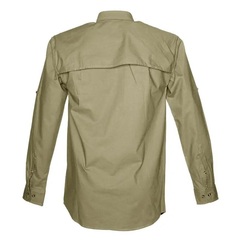 Khaki long-sleeve Adventure Safari Shirt for Men with back yoke panel for outdoor essentials