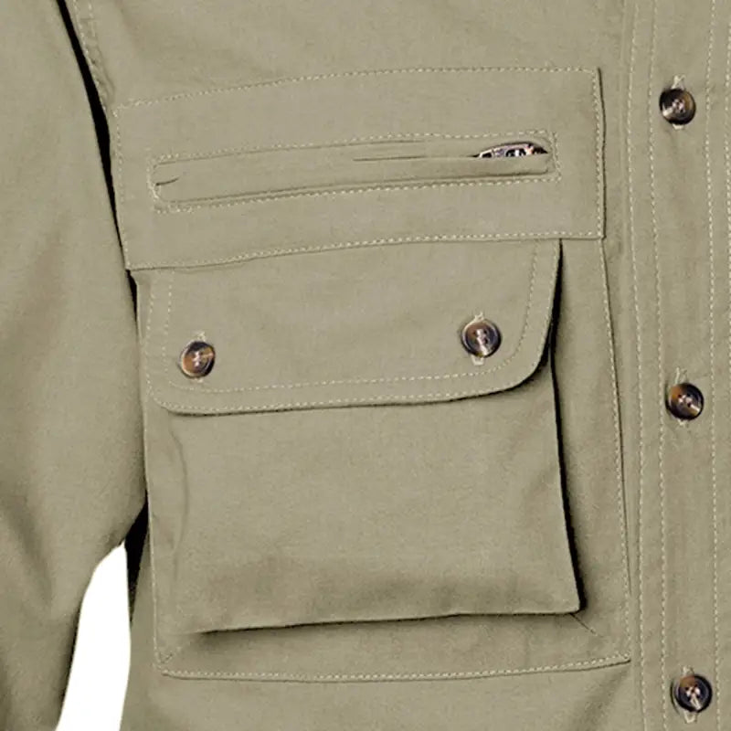 Khaki utility pocket with snap buttons on Left-Hand Hunter Shirt for Men, features quilted shooter patch