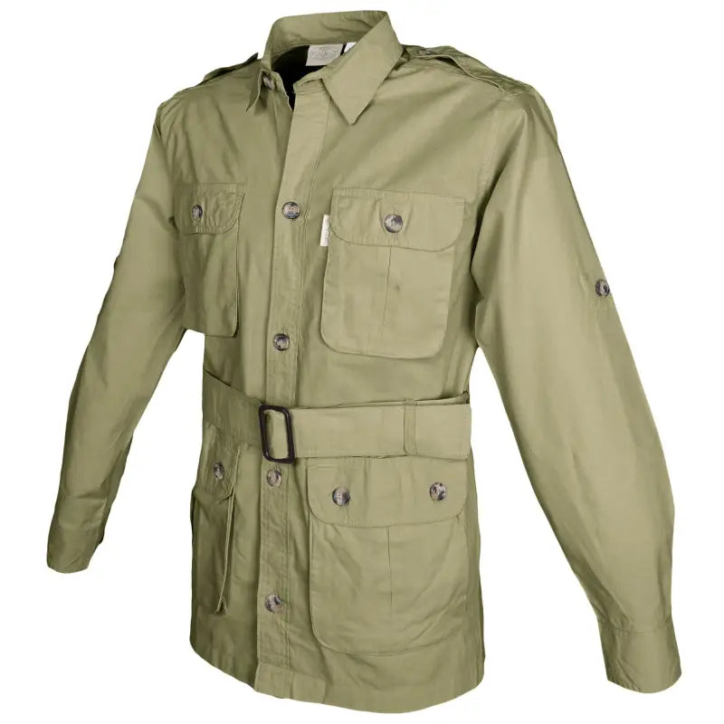 Khaki safari jacket for men with buttoned flap covered chest pockets and functional swiss tabs