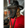 Vintage black leather firefighter helmet with number 1 and quick release leather chin strap