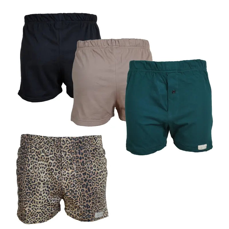 Four pairs of stylish boxer shorts in black, beige, green, and leopard print