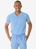 Light blue men’s double-pocket scrub uniform with v-neck top and drawstring pants