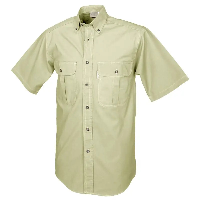 Light khaki safari shirt for men with short sleeves and chest pockets for outdoor essentials