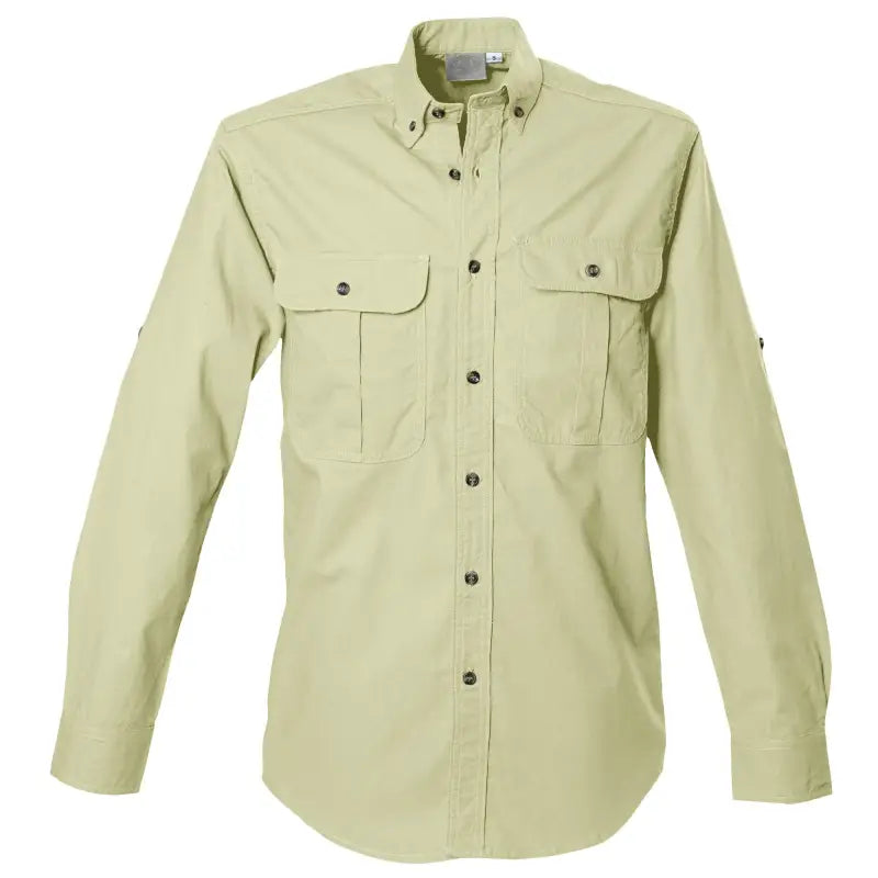 Light khaki safari shirt for men with two chest pockets and roll-up sleeves for outdoor essentials