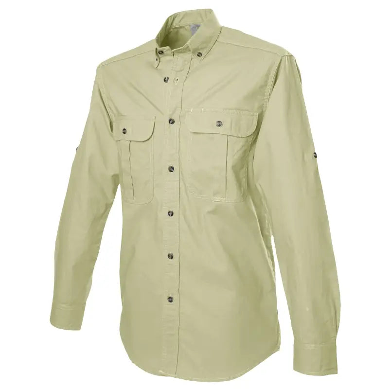 Light khaki safari shirt for men with two chest pockets and long sleeves for outdoor essentials