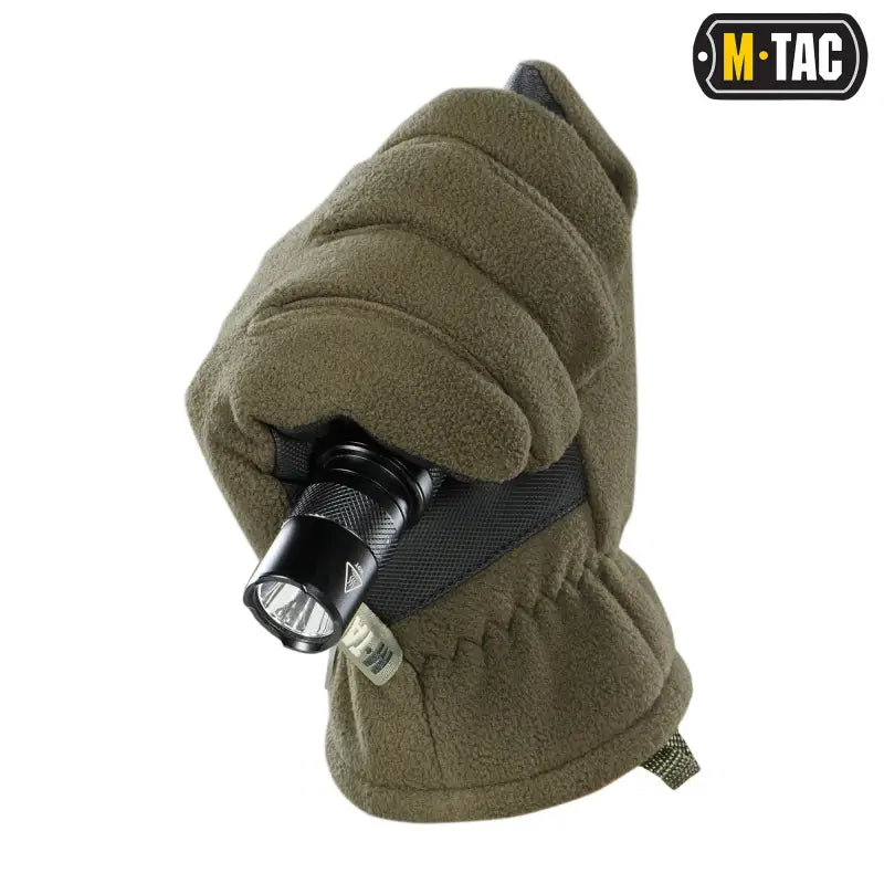 Olive green M-Tac Gloves Fleece Thinsulate mitten with attached flashlight for tactical use
