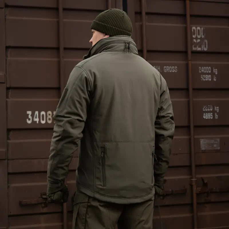 Olive green M-Tac Soft Shell Jacket with liner and matching beanie, featuring two shoulder pockets
