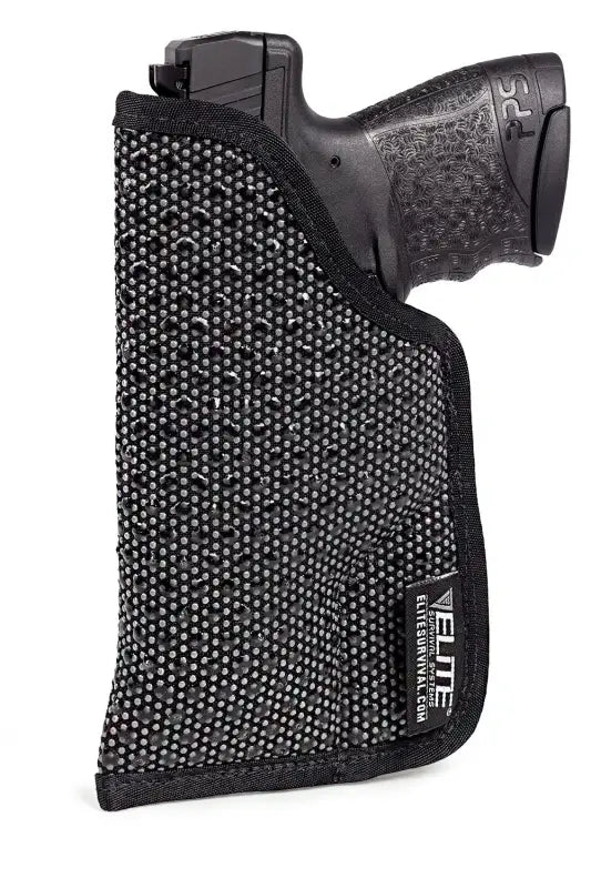 Black mesh pocket holster for compact pistol, featuring a Clipless IWB Holster design