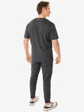 Dark gray men’s five-pocket scrub uniform with short sleeves and tapered pants