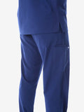 Navy blue medical scrub pants with side pockets for men’s five-pocket scrub style