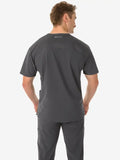 Back view of dark gray men’s five-pocket scrub uniform for enhanced comfort and utility