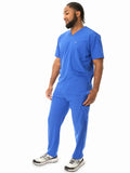 Royal blue men’s five-pocket scrub uniform with matching top and pants for healthcare