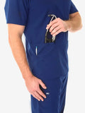 Navy blue men’s five-pocket scrub top uniform for healthcare professionals