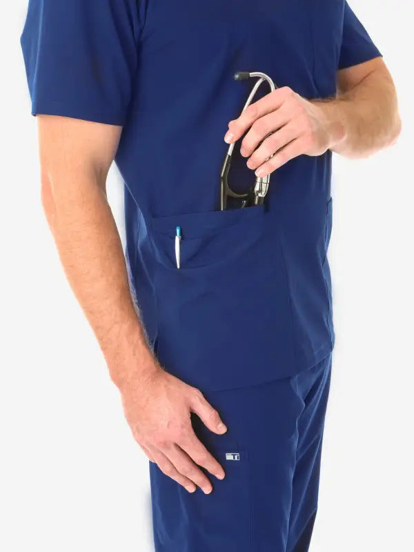 Navy blue men’s five-pocket scrub top uniform for healthcare professionals