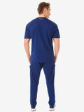 Navy blue men’s five-pocket scrub uniform with short sleeves and matching pants