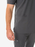 Dark gray men’s five-pocket scrub top featuring a side pocket for convenience