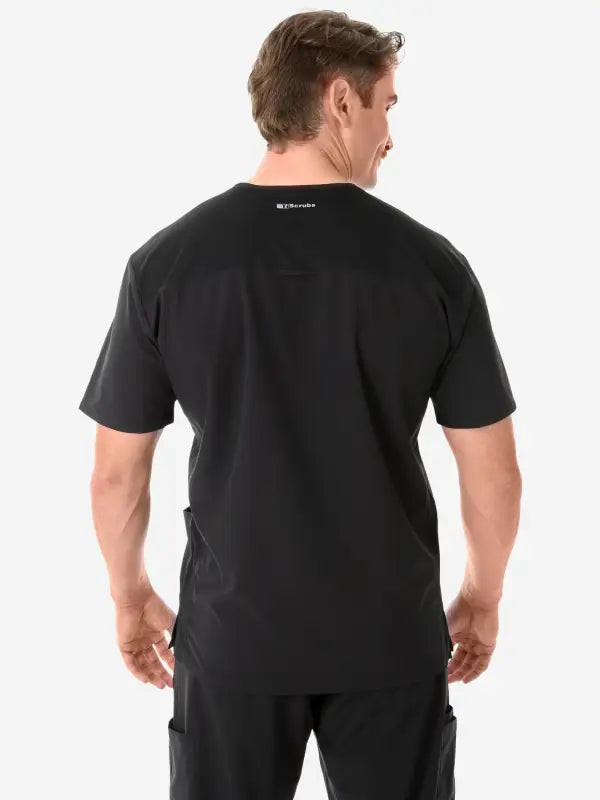 Back view of Men’s Five-Pocket Scrub Top in black short sleeves