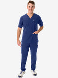 Navy blue men’s five-pocket scrub uniform with v-neck top and matching pants