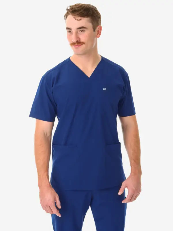 Navy blue V-neck men’s five-pocket scrub top for medical professionals