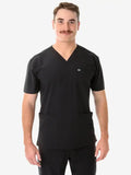 Black V-neck medical scrub top with short sleeves from Men’s Five-Pocket Scrub collection