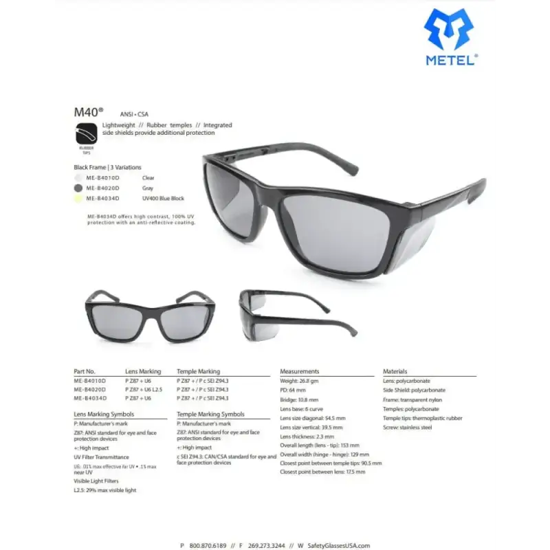 Black METEL M40 Safety Glasses with side shields and polycarbonate lenses for protection