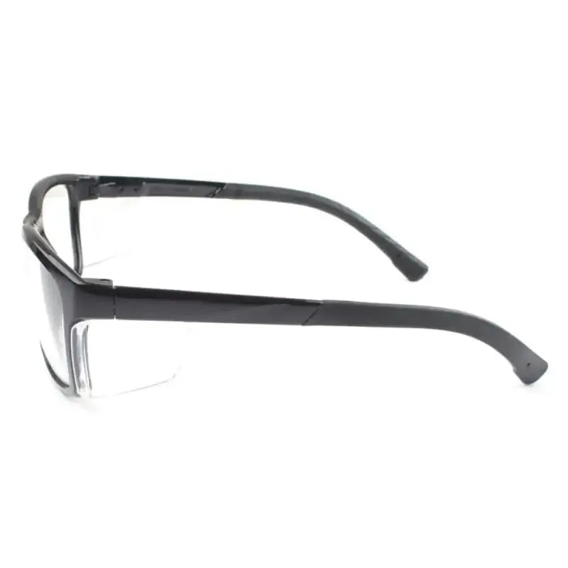 Black rectangular METEL M40 Safety Glasses with clear polycarbonate lenses viewed from the side