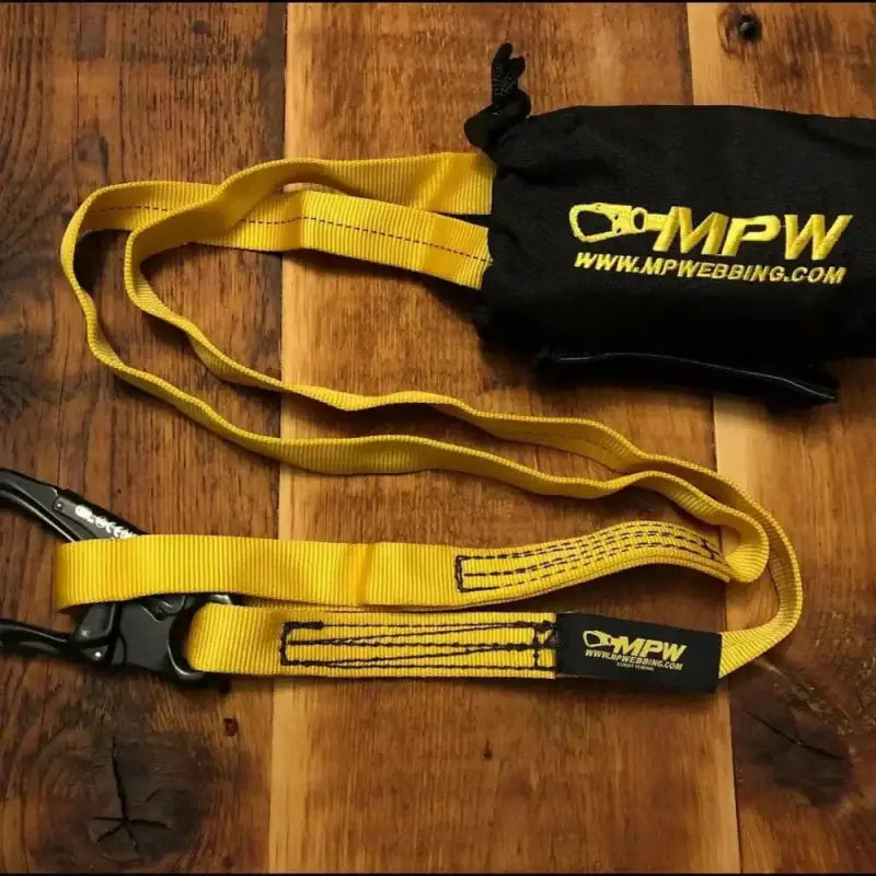 Yellow nylon strap with MPW branding and buckle for Multi Purpose Webbing firefighter rescue tool