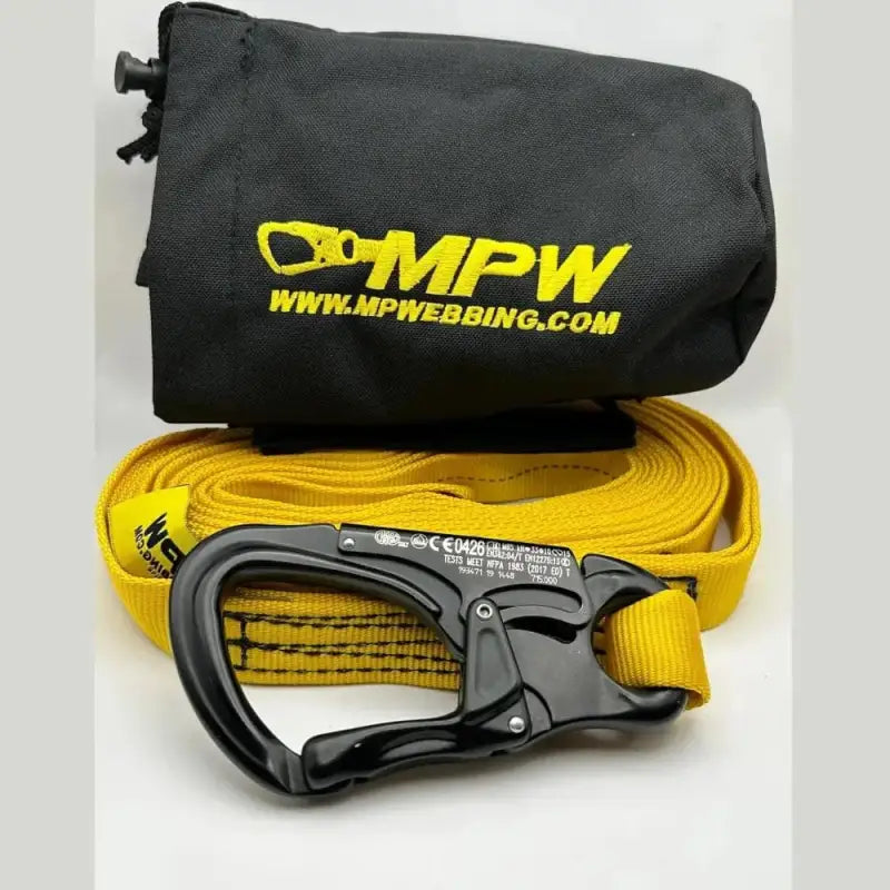 Yellow tow strap with carabiner in storage bag for Multi Purpose Webbing Kit Firefighter Rescue Tool