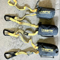 Three MPW climbing gear straps on yellow webbing for a firefighter rescue tool