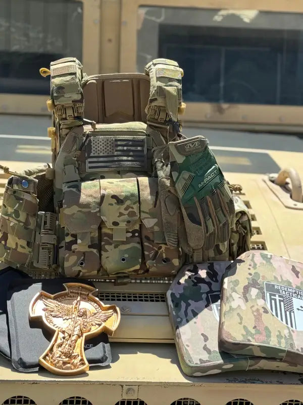Multicam body armor with pouches and American flag patch from Redemption Tactical Level IIIA