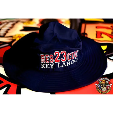 Navy blue game boonie bucket hat with RES23CUE KEY LARGO and station number embroidery