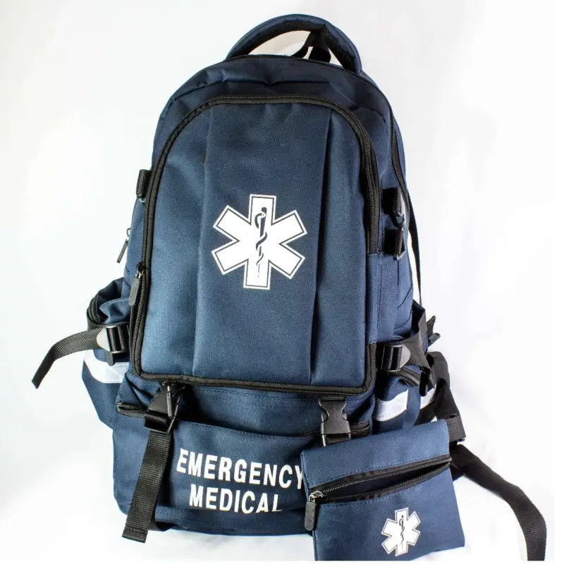 Navy blue emergency EMS medical backpack with Star of Life for trauma bag use