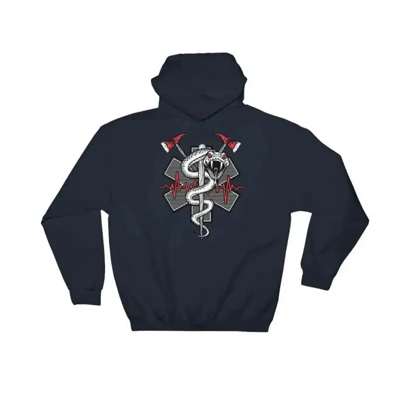 Navy blue hoodie with firefighter EMT design for first responders and stick - hoodie style