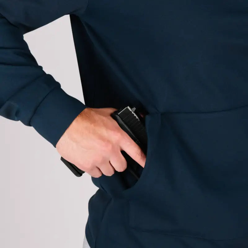Navy blue Durable Concealment Hoodie with gun in hand pocket and smooth draws