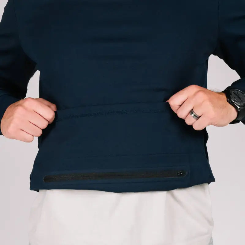 Navy blue durable hoodie with long sleeves, zippered hand pocket, and smooth draws
