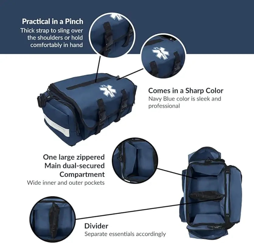 Navy blue medical bag with compartments for first responders, firefighter, police EMT trauma kit