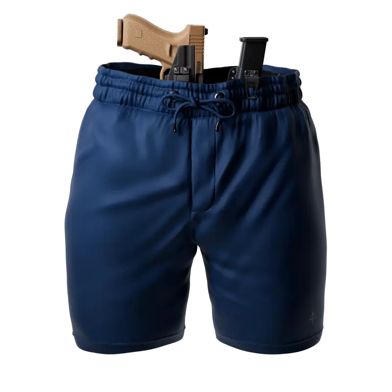 Navy blue Carrier Shorts Mk.II for concealed carry with holstered handgun, Arrowhead Tactical Apparel