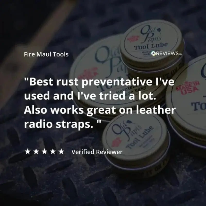 Metal tins of Old Papi’s Tool Lube with a review highlighting its rust preventative powers
