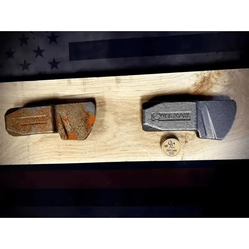 Two knife sheaths, one rusty and one gray, showcasing Papi’s Tool Lube’s secret sauce