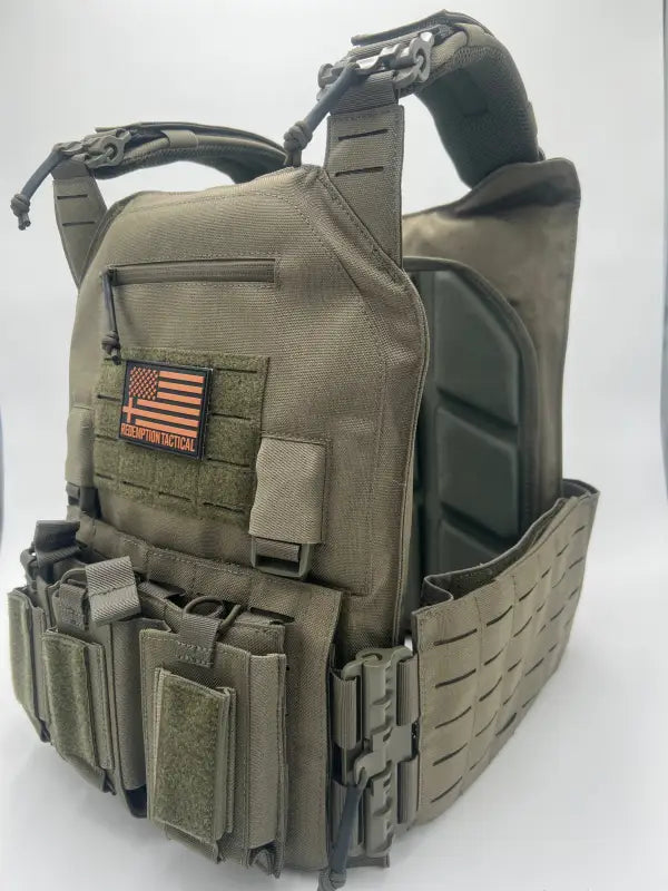 Olive drab tactical body armor with American flag patch, large size, from Redemption Tactical